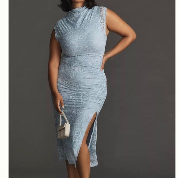 Anthropologie The Maya Midi Dress Ruched Cowl Neck Lace Edition Blue 3X NEW - Picture 1 of 10